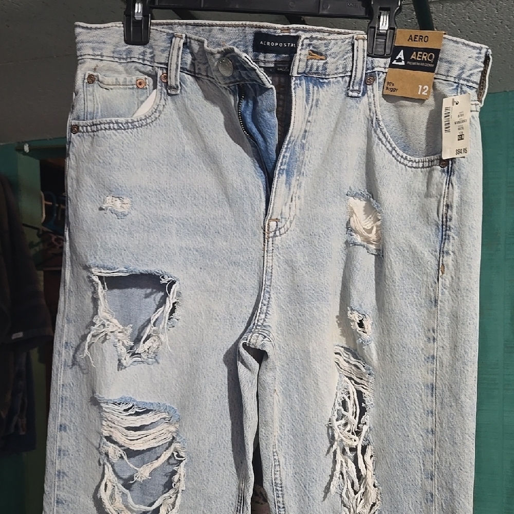 Aeropostale Blue Flare Wide Leg Jeans with Distressed Details and High Waist